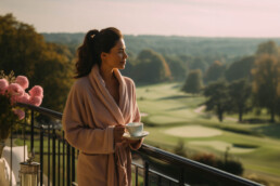 Woman in a plush robe on a balcony, holding a cup, gazing at a sunlit green landscape with pink flowers nearby.