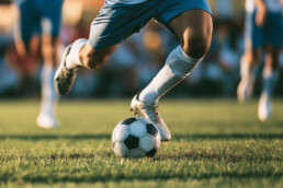 Soccer ball at the foot of a player in blue shorts on a grassy field during a match, with other players blurred in the background.