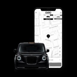 Black car in foreground with a map-based ride-hailing app displayed on a smartphone screen behind it, suggesting a taxi or ride service in use.