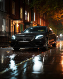 Night scene of a black luxury sedan with illuminated headlights parked on a rain-soaked city street, reflections shimmering on the slick pavement.