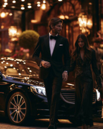Man in a tuxedo walking beside a woman in a sequined dress near a black luxury car under warm evening lights.