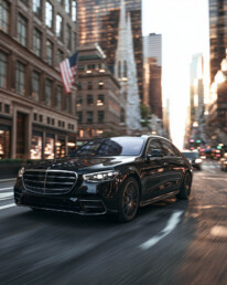 Black luxury sedan in motion on a city street, with tall buildings and blurred lights in the background.