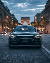 Front view of a black Mercedes-Benz on a cobblestone Paris street at dusk, with the Arc de Triomphe in the distance and city lights glowing.