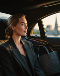 Woman with blonde hair wearing a black blazer sits in a car, looking out the window as city buildings glow outside at sunset.