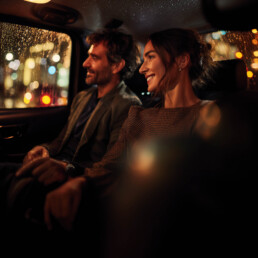 A couple sits in a rain-speckled car at night, smiling as city lights blur outside the windows.