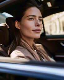 Woman seated in a car near an open window, looking slightly to the side with a calm expression, city buildings blurred in the background.