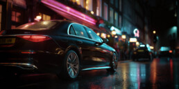 Black Mercedes-Benz sedan parked on a neon-lit city street at night, wet pavement reflecting colorful lights.