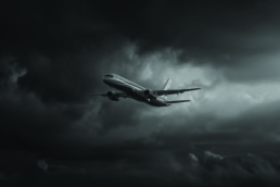 Passenger airplane jets through a dark, stormy sky with thick clouds behind it.