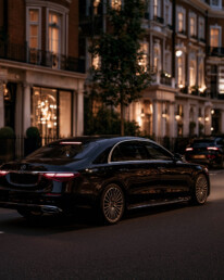 Black luxury sedan on a city street at dusk with illuminated townhouses lining the street.