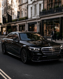 Black luxury sedan (Mercedes) driving on a city street with ornate buildings and pedestrians in the background.