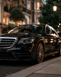 Black Mercedes-Benz sedan parked on a city street at dusk, glossy and reflecting warm lights from surrounding buildings.