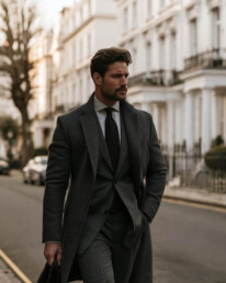 Man in a dark gray suit and overcoat walking along a suburban-style city street lined with white buildings.