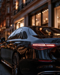 Black luxury sedan on a city street at dusk, storefronts with warm lights reflecting on the car's glossy surface